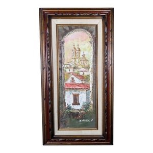 Vintage Signed Oil Painting of Spanish Mission in Ornate Carved Wood Frame