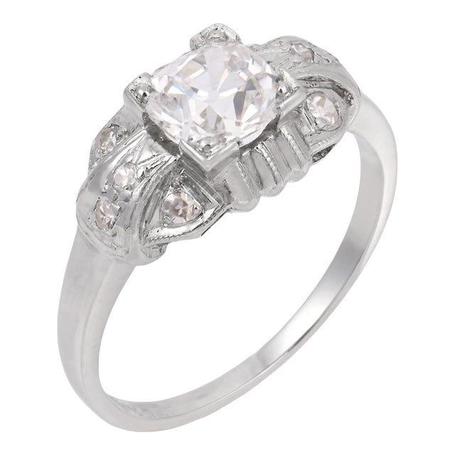 1930s Art Deco Gia 0.90 Carat Old Mine Cut Diamond Platinum Engagement Ring, Size 6 For Sale