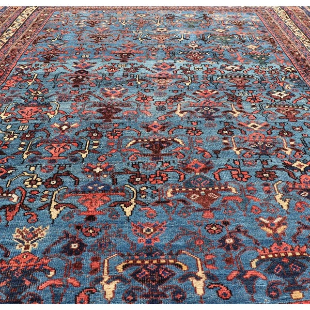 Tribal Antique Persian Afshar Rug in Beautiful Blue Background With Tribal Motifs 4'8 X 6'0 For Sale - Image 3 of 11