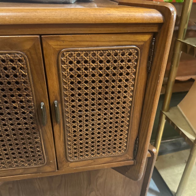 1970s Pair of Vintage Wooden Mid-Century End Tables With Caned Accents and Deep Storage For Sale - Image 5 of 6