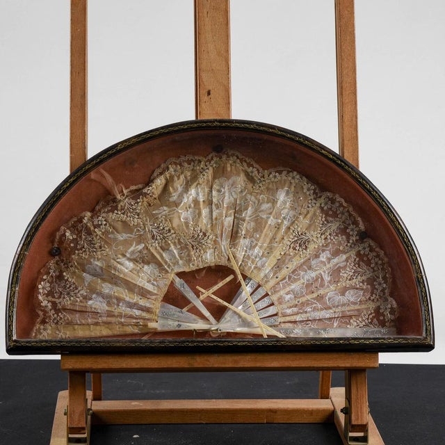 Glass Fan Holder Frame Covered in Leather with Vintage Fan For Sale - Image 7 of 7