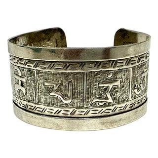 Wide Sterling Silver Om Mani Mantra Buddhist Tibetan Cuff Signed 925 Boho For Sale