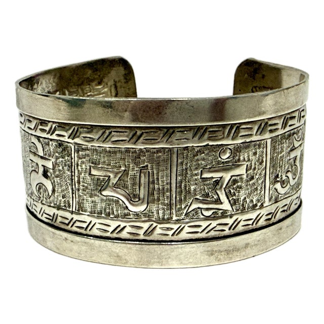 Wide Sterling Silver Om Mani Mantra Buddhist Tibetan Cuff Signed 925 Boho For Sale