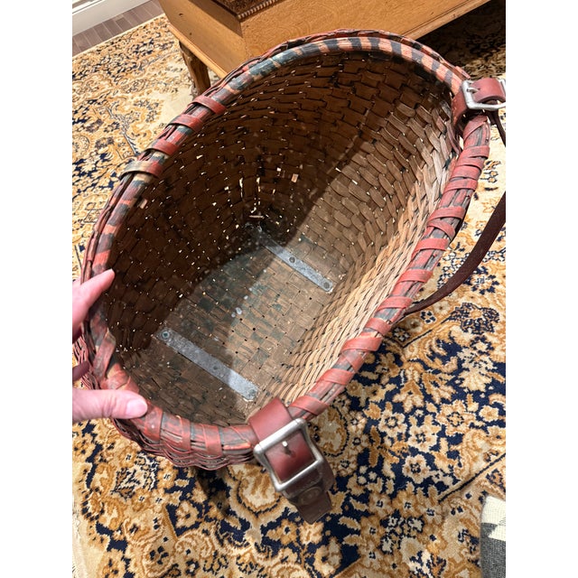 Rare Antique Apple Picking Basket With Leather Straps and Original Red Paint For Sale - Image 13 of 15