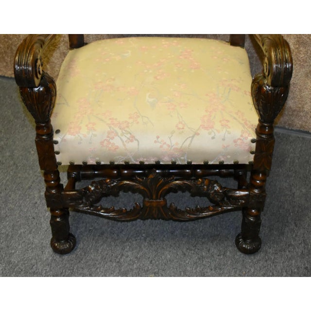 Carved Walnut Armchair French Style High Back Vintage Upholstered Floral Chair For Sale - Image 4 of 13