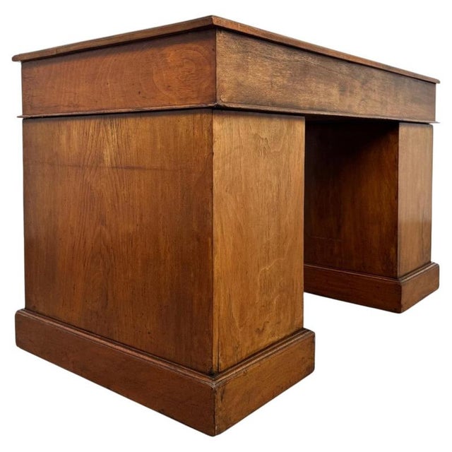 Antique English Walnut Pedestal Desk with Blue Leather Top For Sale - Image 9 of 12