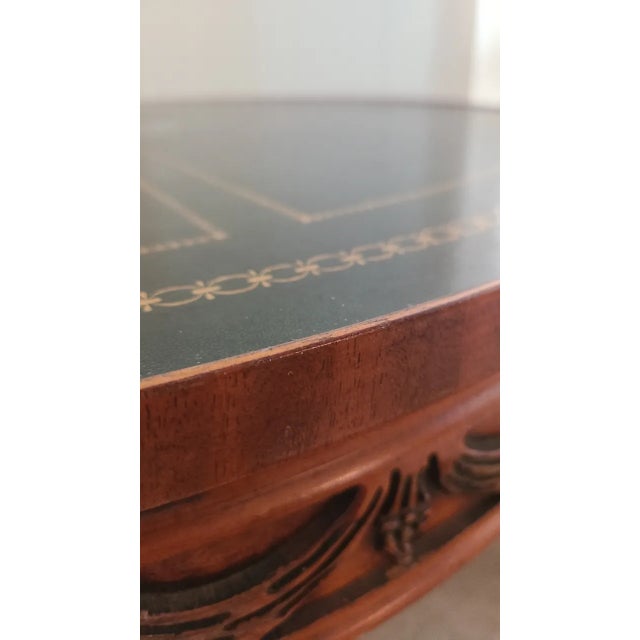 American Gorgeous Round Mahogany Table With Green Leather Top For Sale - Image 3 of 13