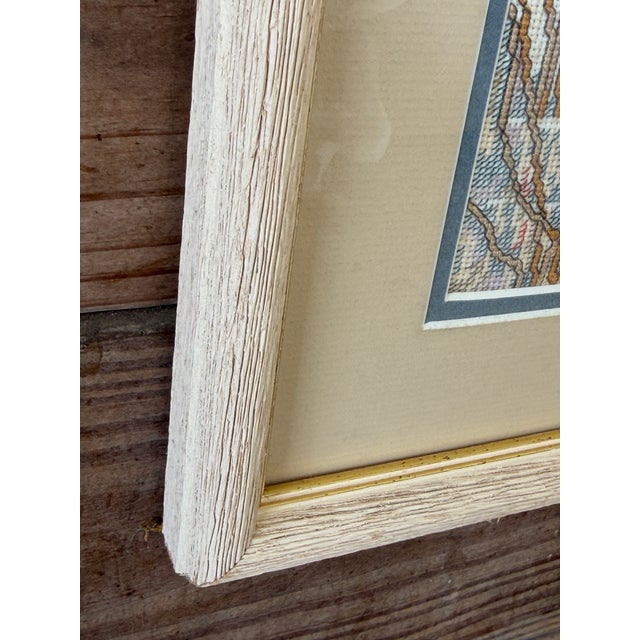 Vintage Coastal Egret Needlepoint Textile Art in Distressed Wood Frame For Sale In Naples, FL - Image 6 of 11