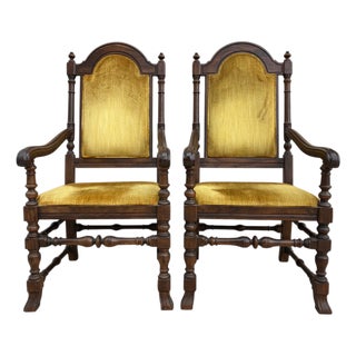 1980s Ethan Allen Jacobean Royal Charter Oak Dining Room Armchairs Gothic Pair For Sale