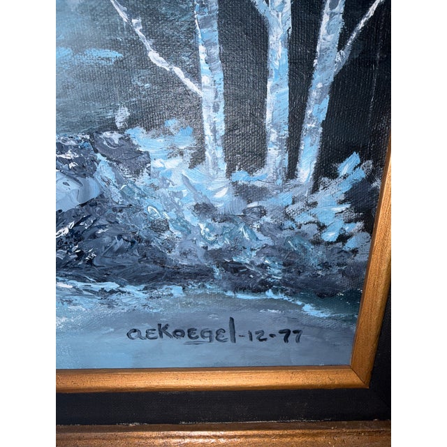 Original signed and dated 1977 acrylic on canvas depicting a picturesque snowy alpine river landscape. The winter scene...