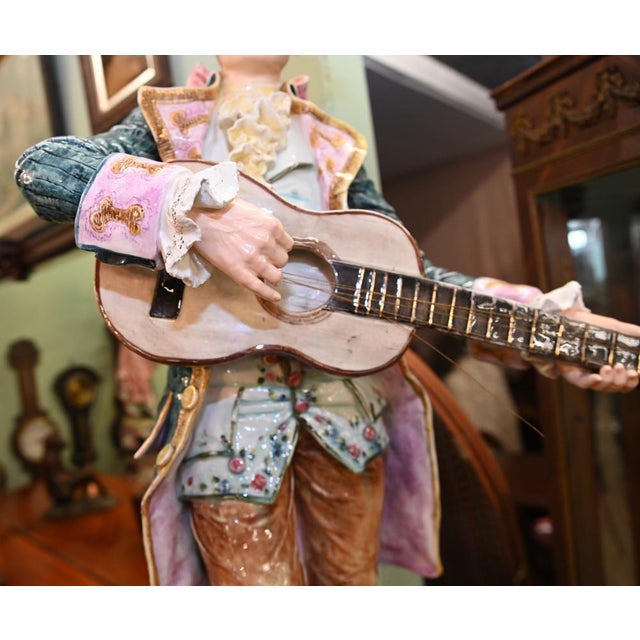 Italian Majolica Porcelain Figures Statues on Pedestal Stands, 1860s, Set of 2 For Sale - Image 11 of 13