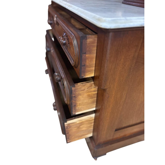 Victorian Antique Victorian Walnut Marble Top Dresser With Tilting Mirror & Hand-Carved Acorn Pulls For Sale - Image 3 of 10