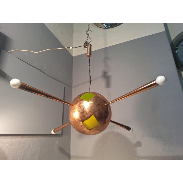 Mid-Century Modern Chandelier in Copper Brass and Colored Glass 4 Copper Cones For Sale - Image 3 of 18