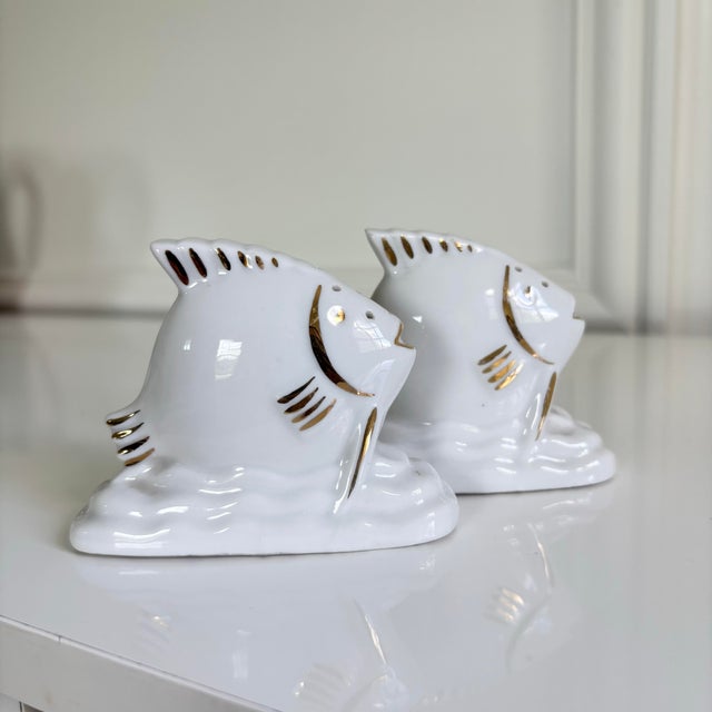 Adorable vintage Limoges, France porcelain fish salt and pepper shaker set. Beautifully hand-painted with delicate gold...