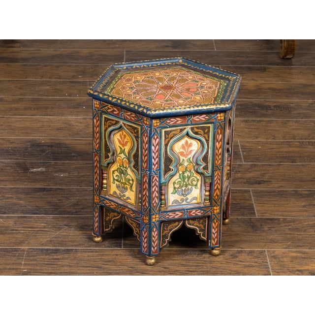 Wood Moroccan Moorish Style 1920s Table with Hexagonal Top and Polychrome Décor For Sale - Image 7 of 10
