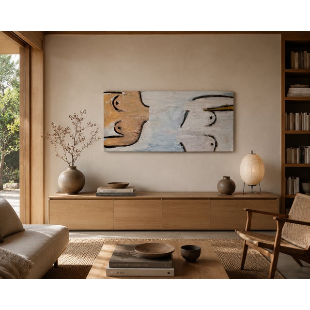 “In Conversation” by Sara Ward Original acrylic on gallery-wrapped canvas. 24” × 48” Two abstracted figures “face” each...