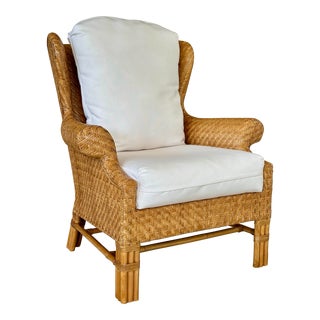 Coastal Rattan Weave Custom Upholstered Refinished Wingback Side Chair For Sale