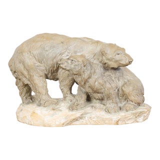 Continental Midcentury Terracotta Sculpture Depicting Two Bears on a Base For Sale