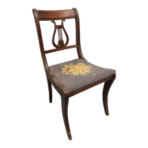 Early 20th Century Duncan Phyfe Style Harp Back Side Chair With Original Needlepoint Seat