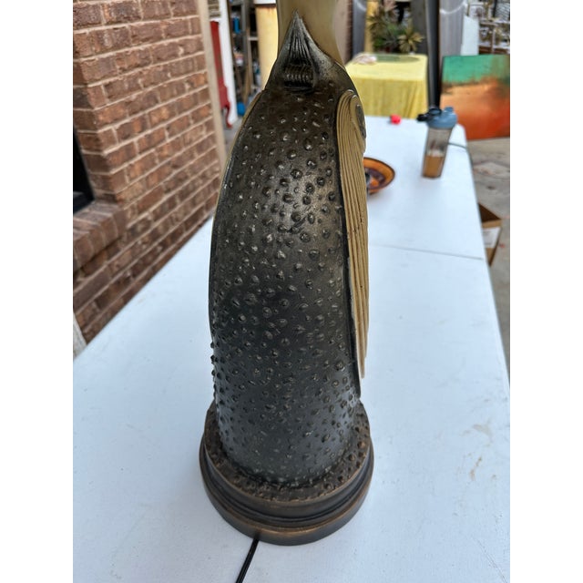 Metal 1970s Ceramic Bird Lamp Including Large Lampshade With Brass Details For Sale - Image 7 of 12