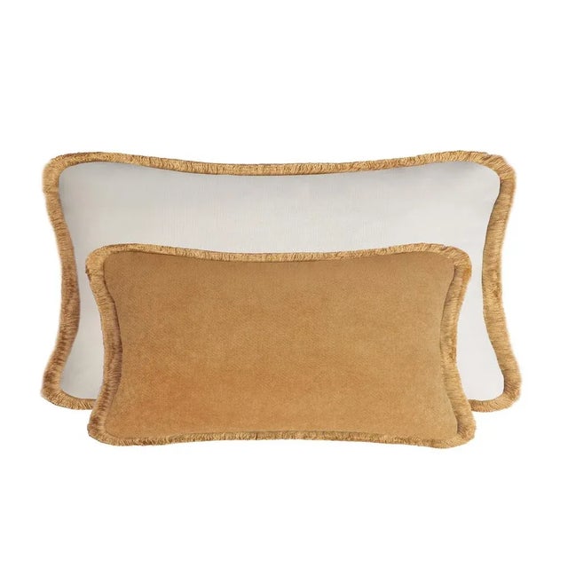 Couple Happy Pillow Camel and White Velvet with Fringes from Lo Decor, Set of 2 For Sale - Image 3 of 3