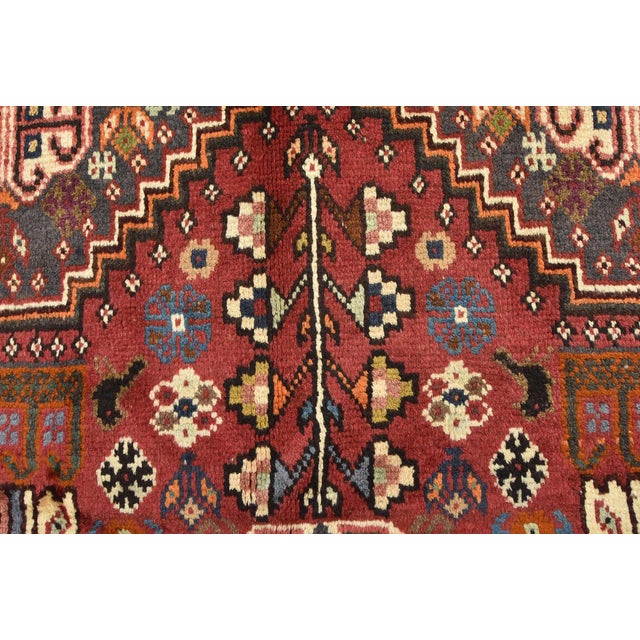 Shiraz Rug 3'5'' X 4'10'' Red Wool Vintage Tribal Hand-Knotted Oriental Carpet For Sale - Image 9 of 12