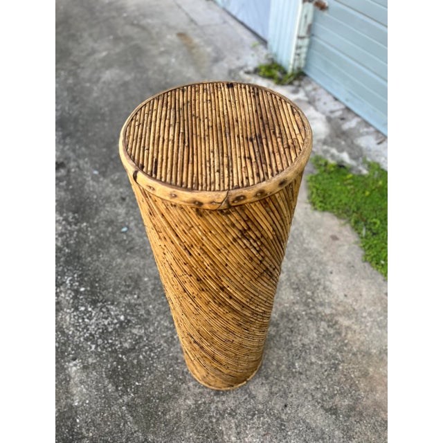 Rattan Wrapped Round Pedestal in the Style of Gabriela Crespi. Tall boho chic pedestal. Spiral-wrapped in distressed...