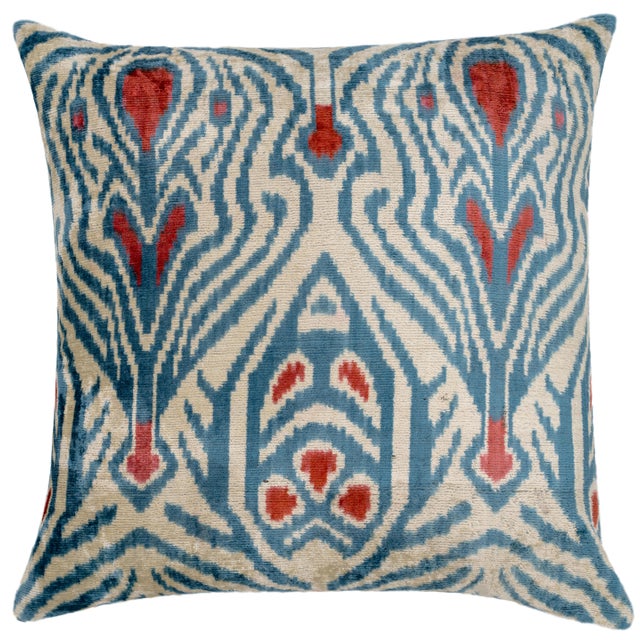 Mid-Century Modern Blue Ikat Silk Velvet Throw Pillow 20x20 | Handmade Designer Accent Pillow For Sale - Image 3 of 4