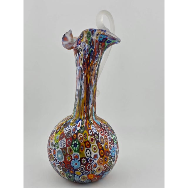 Abstract Vintage Fratelli Toso Murano Millefiori Art Glass Vase Pitcher Colorful Floral Italy For Sale - Image 3 of 8