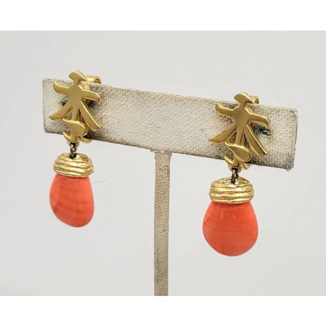 Trifari Vintage 1960s Signed Trifari Asian Style Faux-Coral Drop Clip Earrings- 2 Pieces For Sale - Image 4 of 9