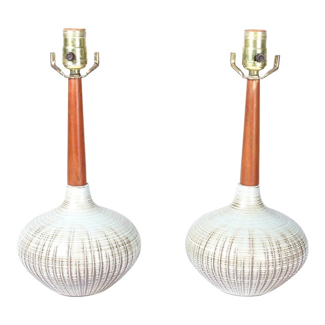 Clay and Walnut Table Lamps - Pair For Sale