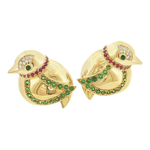 Late 20th Century 18k Yellow Gold Tsavorite, Ruby and Diamond Bird Earrings, A Pair For Sale
