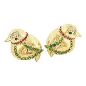Late 20th Century 18k Yellow Gold Tsavorite, Ruby and Diamond Bird Earrings, A Pair