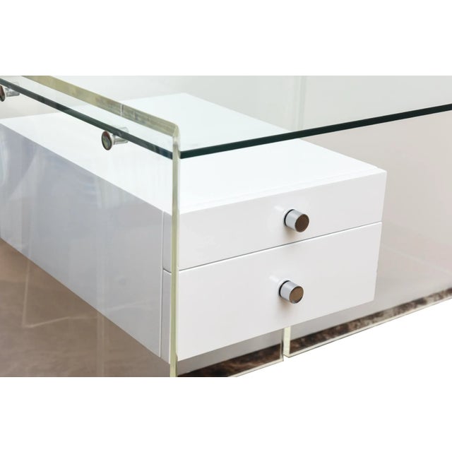 Modern Vintage White Lacquered Over Wood, Chrome, Steel, Glass and Lucite Floating Desk Custom 70's For Sale - Image 3 of 10