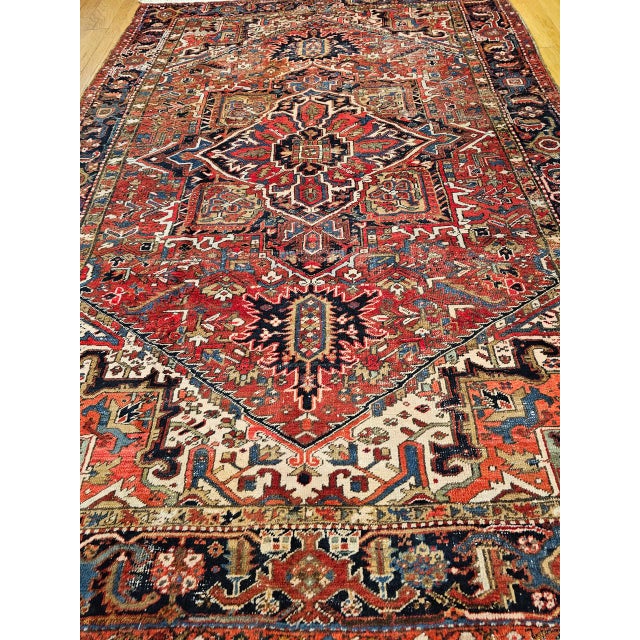 Vintage Persian Heriz Rug, Hand-Knotted Wool, Geometric Medallion Pattern, Red & Navy, 9x12 For Sale - Image 11 of 18