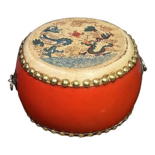 Vintage Chinese Folk Art Drum With Dragon Motif & Red Lacquer Finish For Sale