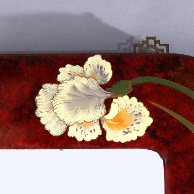 Large Vintage Chinese Art Nouveau Mirror With Hand Painted Garden Irises c1920 Measures - 41" x 30" x 1 1/4"