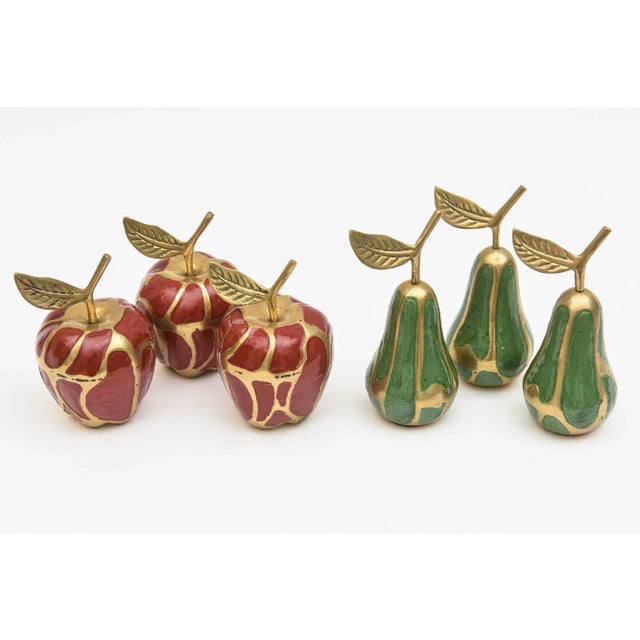 These delightful and well made set of 6 vintage brass and enamel object pear and apple sculptures add a whimsy to your...