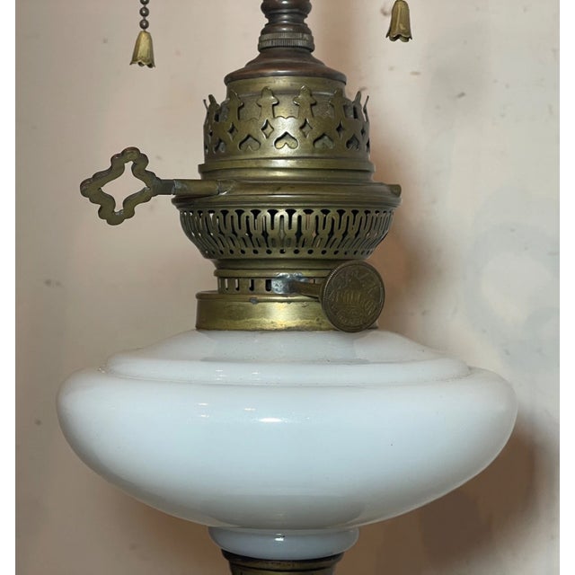 Antique 1800's Ornate Victorian Apollon Brass Milk Glass Electrified Oil Lamp For Sale - Image 12 of 13