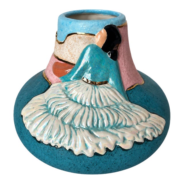 Vintage Southwestern Turquoise Ceramic Vase With Sculpted Woman and Iridescent Skirt For Sale