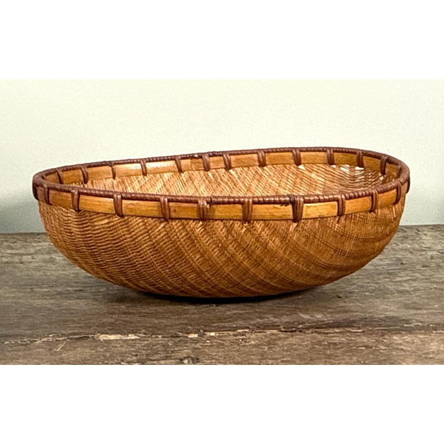 Wood Vintage Japanese Woven Bamboo Winnowing Basket With Rattan Rim For Sale - Image 7 of 8