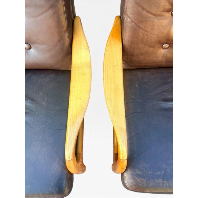 Pair of Danish Modern Leather Lounge Chairs | Sculpted Maple Frames | Brown Leather With Tufted Backs | C. 1960s For Sale - Image 17 of 18