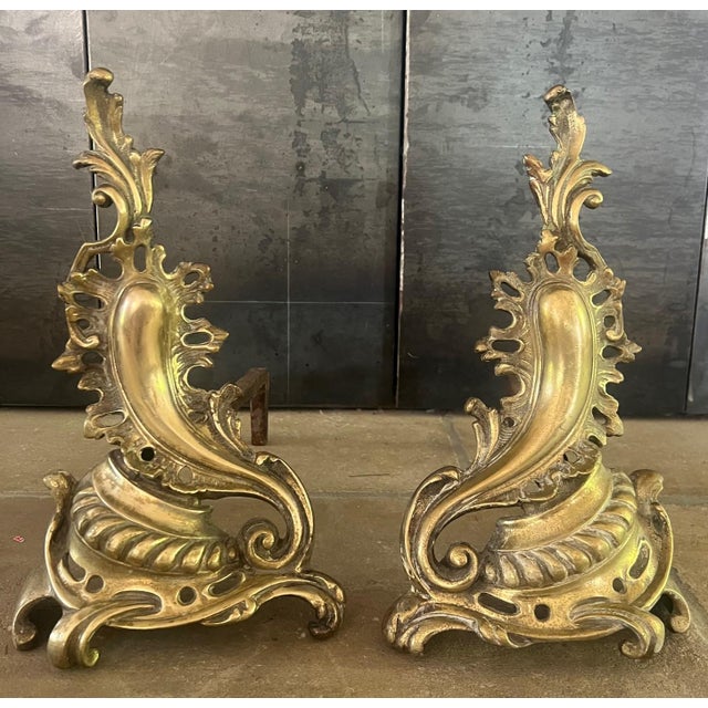 Early 20th Century French Louis XV Rococo Style Brass Andirons For Sale - Image 5 of 8