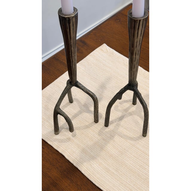 Brutalist Sculptural Iron Candle Holders – Organic Branch Form Taper Candlesticks (Pair) For Sale - Image 4 of 4
