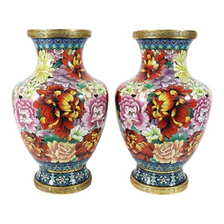 1920s Pair of Vibrant Cloisonnie Vases For Sale