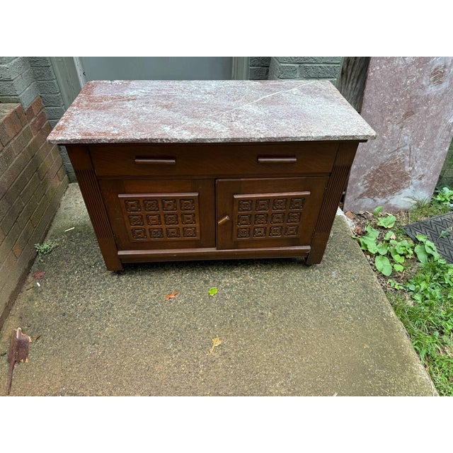 Antique French Art Deco Style Marble Top Oak Wood Cabinet Sideboard With Geometric Front For Sale - Image 4 of 18