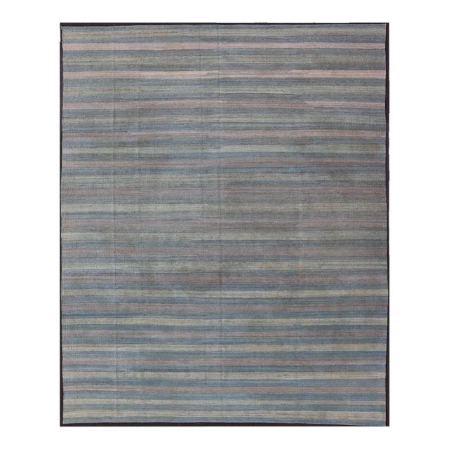Large Afghanistan Kilim Modern With Stripes in Shade of Light Green For Sale