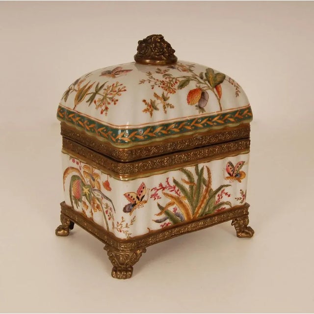 Vintage Bronze-Mounted Porcelain Box with Hand-Painted Butterflies and Floral Decor, 1980s For Sale - Image 10 of 11