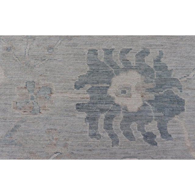 Textile Large Modern Oushak With Floral Motifs With Cream Grey Blue and Powder Blue For Sale - Image 7 of 12