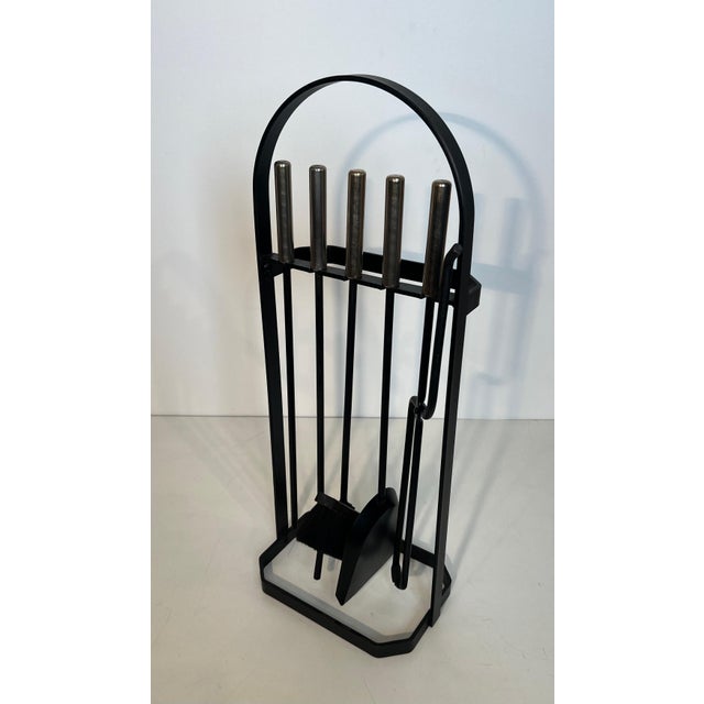 Black lacquered and chrome-plated fireplace tools on stand For Sale - Image 12 of 12